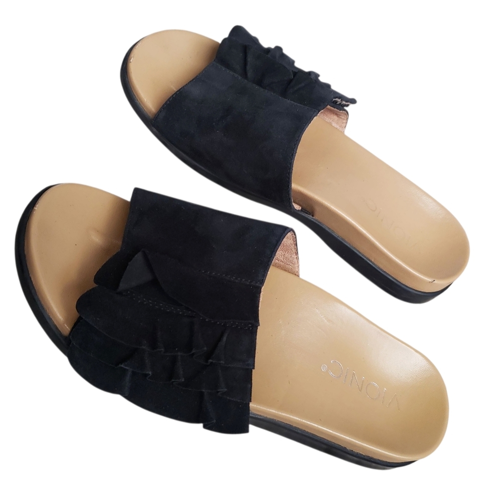 Vionic Slides Black Womens Roni Size 6 Suede Ruffle Shoes Detail Slip-On Sandals - Picture 6 of 15